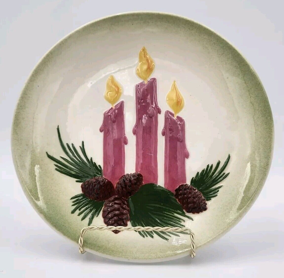Vintage 1959 Hand Painted Ceramic Christmas Plate Candles & Pinecones Signed 9\