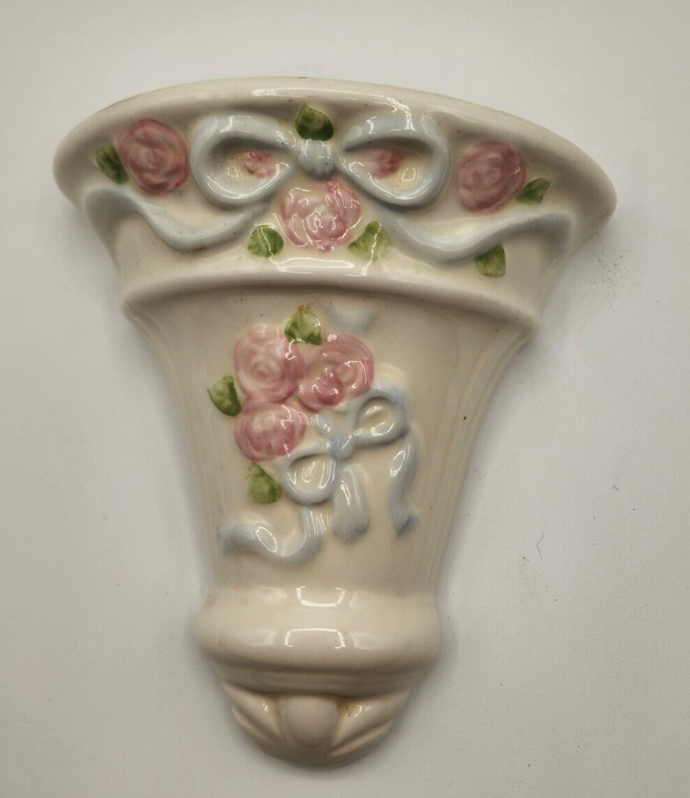 Vintage Ceramic Wall Pocket Raised Blue Ribbons and Pink Roses on White Pocket