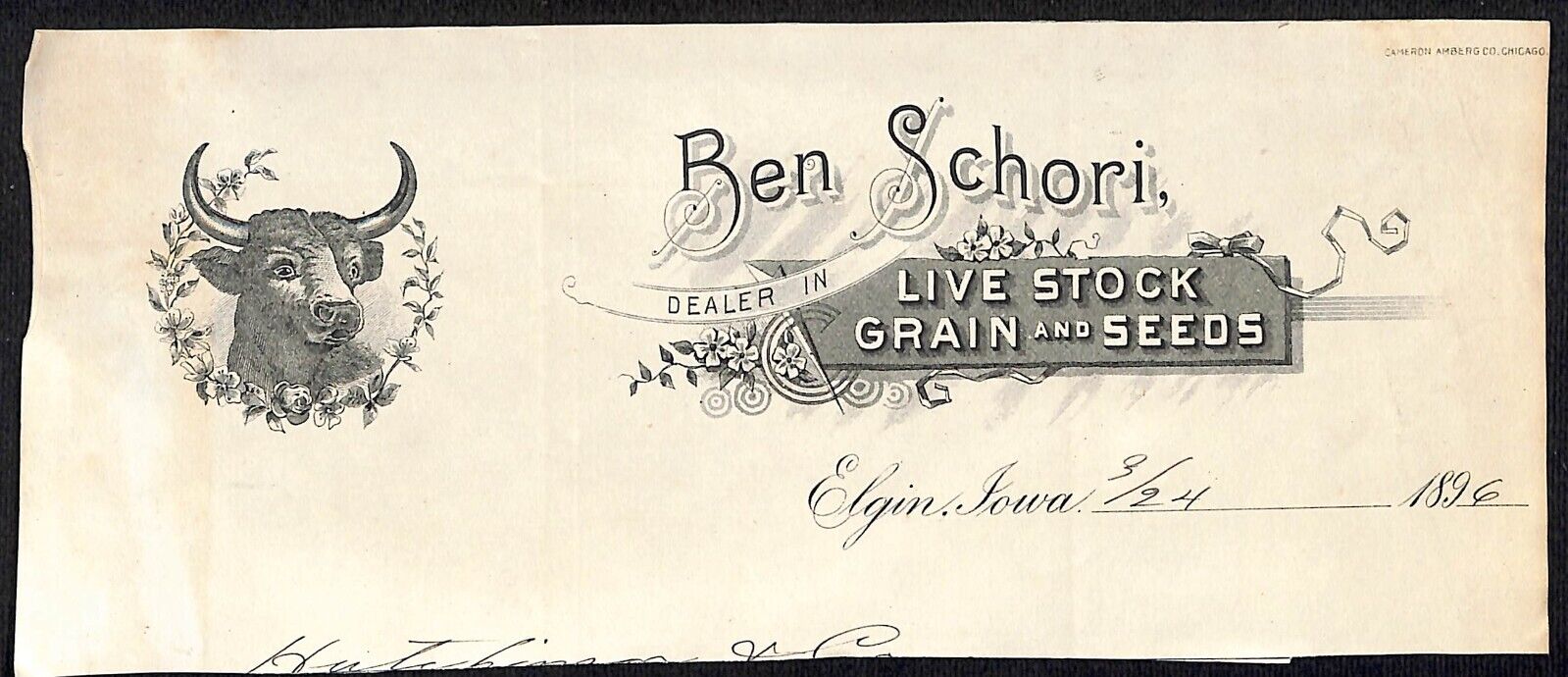 Ben Schori Live Stock Elgin, IA / H.J.  Hutchinson* Decorah Cut 1896 Billhead