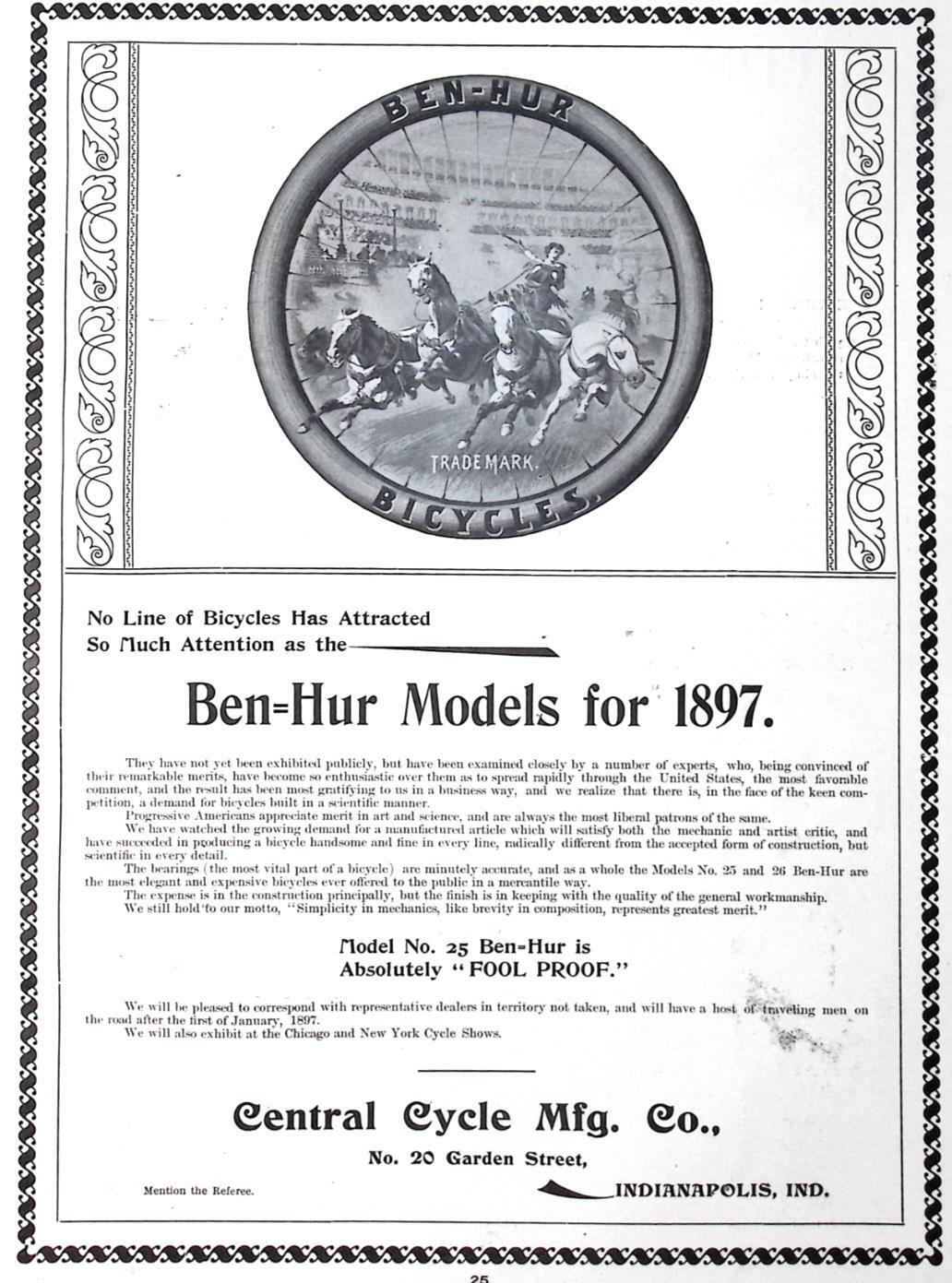1896 Ben Hur Bicycles Model 25 FOOL PROOF 1897 Central Cycle Co Dealer Print Ad