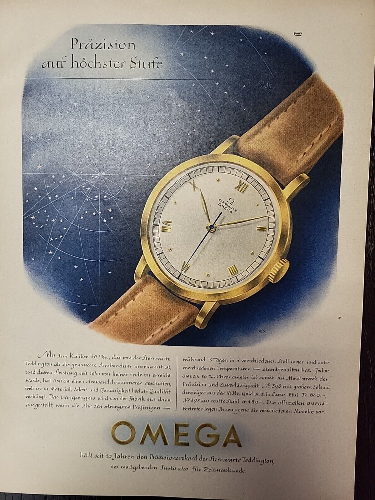 Omega Swiss Watches 1944 Print Ad Du World War 2 Luxury German Chronometre Color