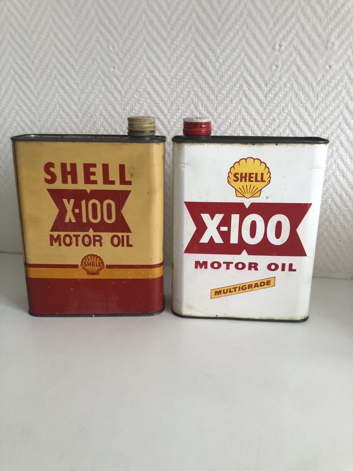 1950’s Shell X-100 SAE 20 Motor Oil Multigrade 20 w 40 Souvenir Can Lot =2 A4 2L