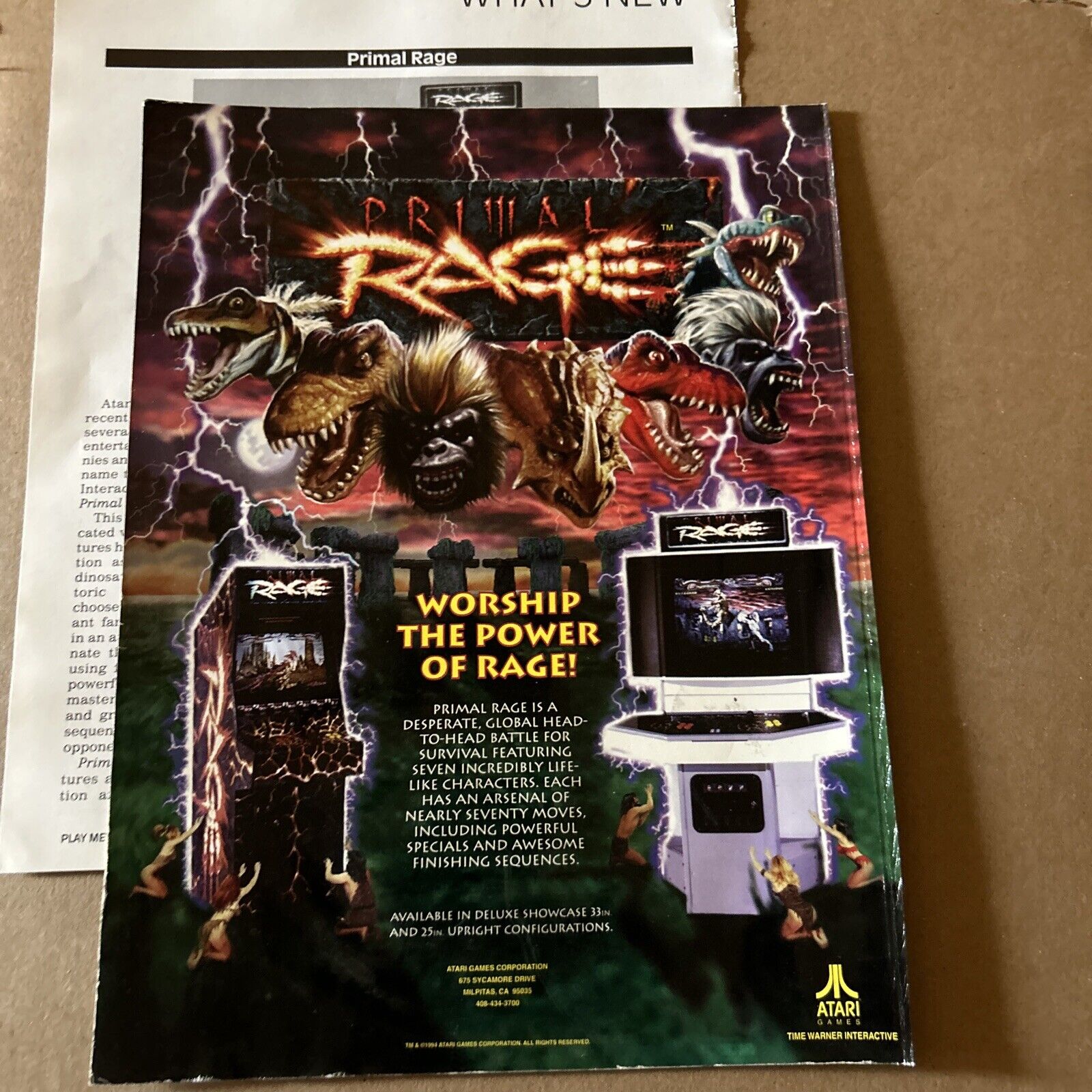 Orginal 1994  11- 8\'\' Primal Rage, Atari  Worship ARCADE GAME FLYER