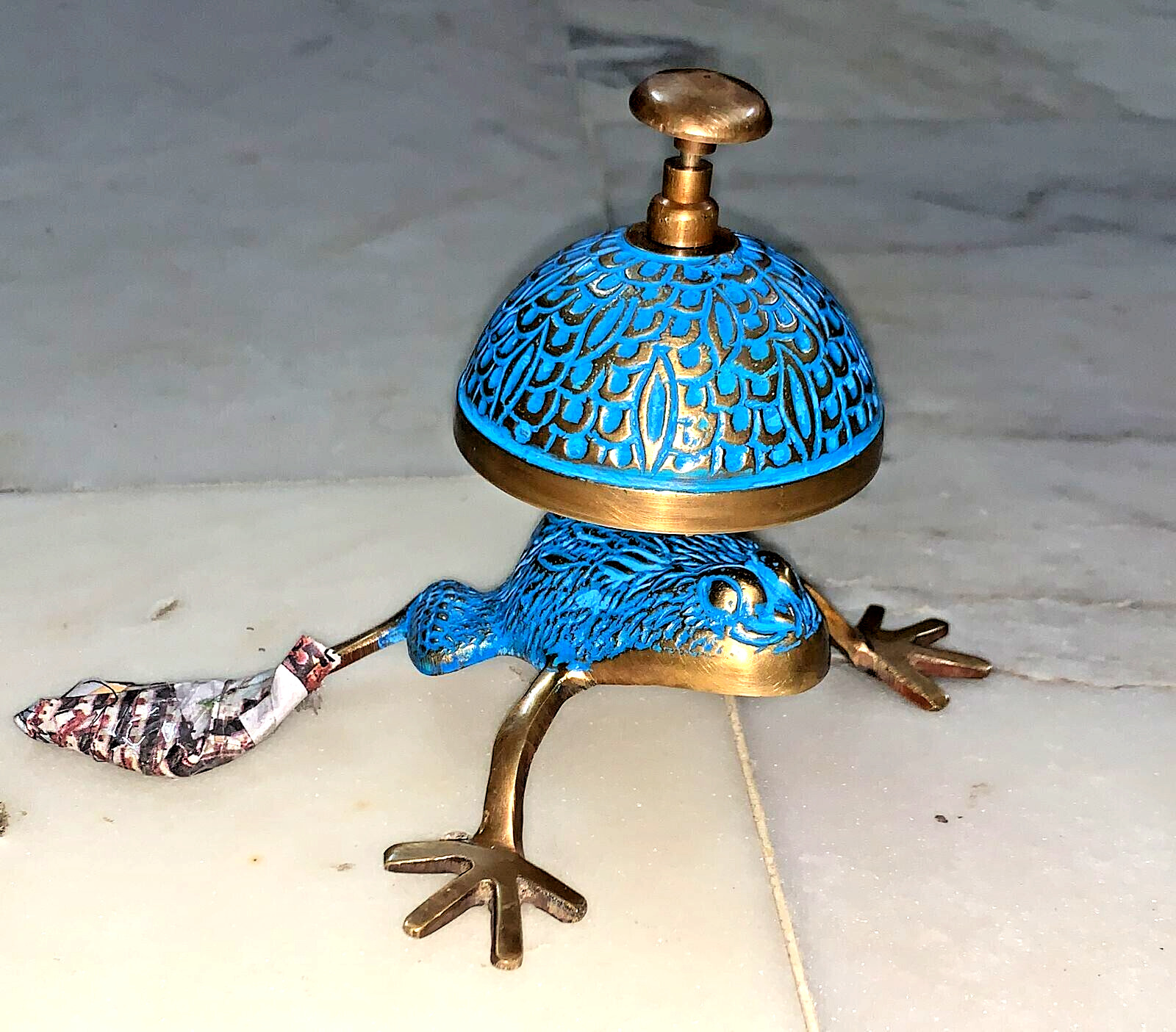 Nautical Brass Frog Style Desk Bell in Blue -Antique Replica Designer Call Bell