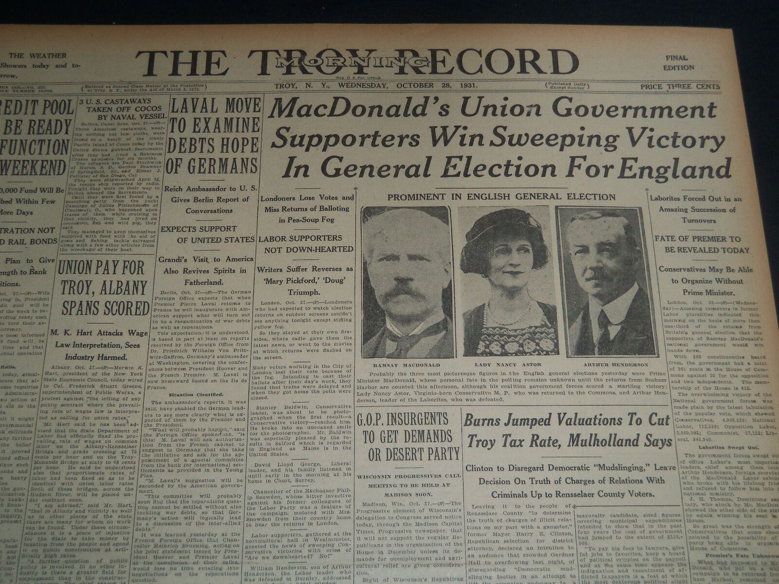 1931 OCTOBER 28 TROY MORNING RECORD - MACDONALD\'S UNION GOVERNMENT WINS- NT 7492