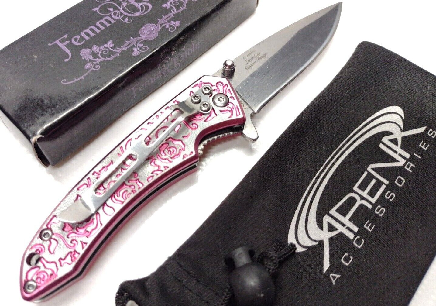 Pink Roses Pocket Knife Spring Assisted Flipper Mirror Blade Ladies Girls EDC