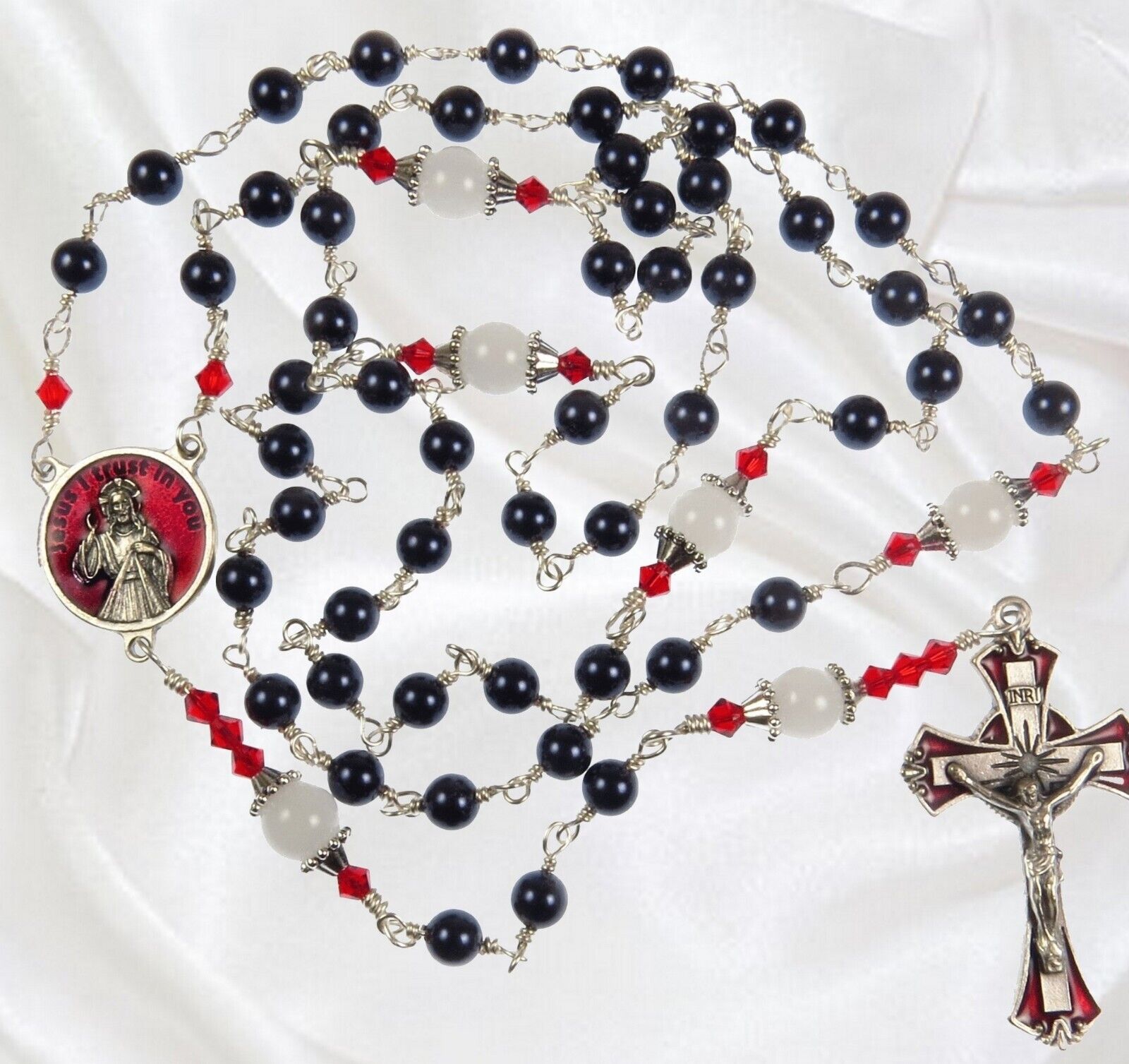 Handmade Catholic Rosary, Red White & Blue. Enamel Accent Silver Cross
