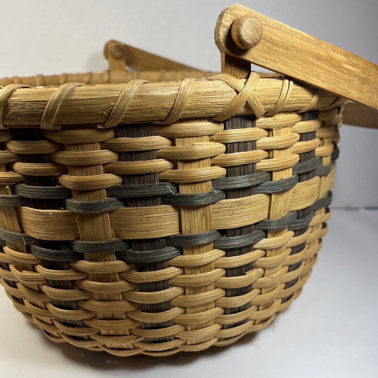 Two Toned Woven Basket Handle Large Weaved Signed Sutton 2002