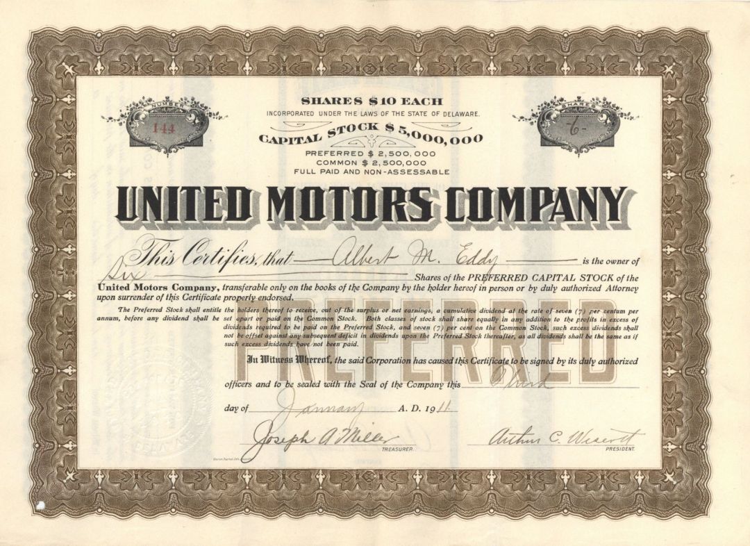 United Motors Co. - 1911 Automotive Stock Certificate - Automotive Stocks