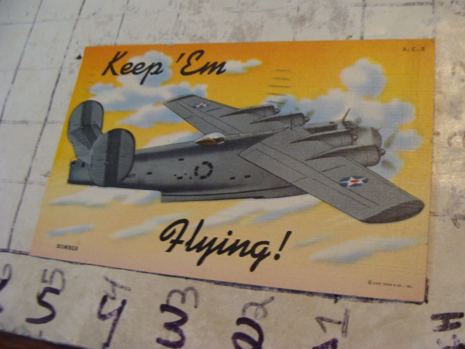 Orig Vint post card 1940's KEEP EM FLYING, airplane