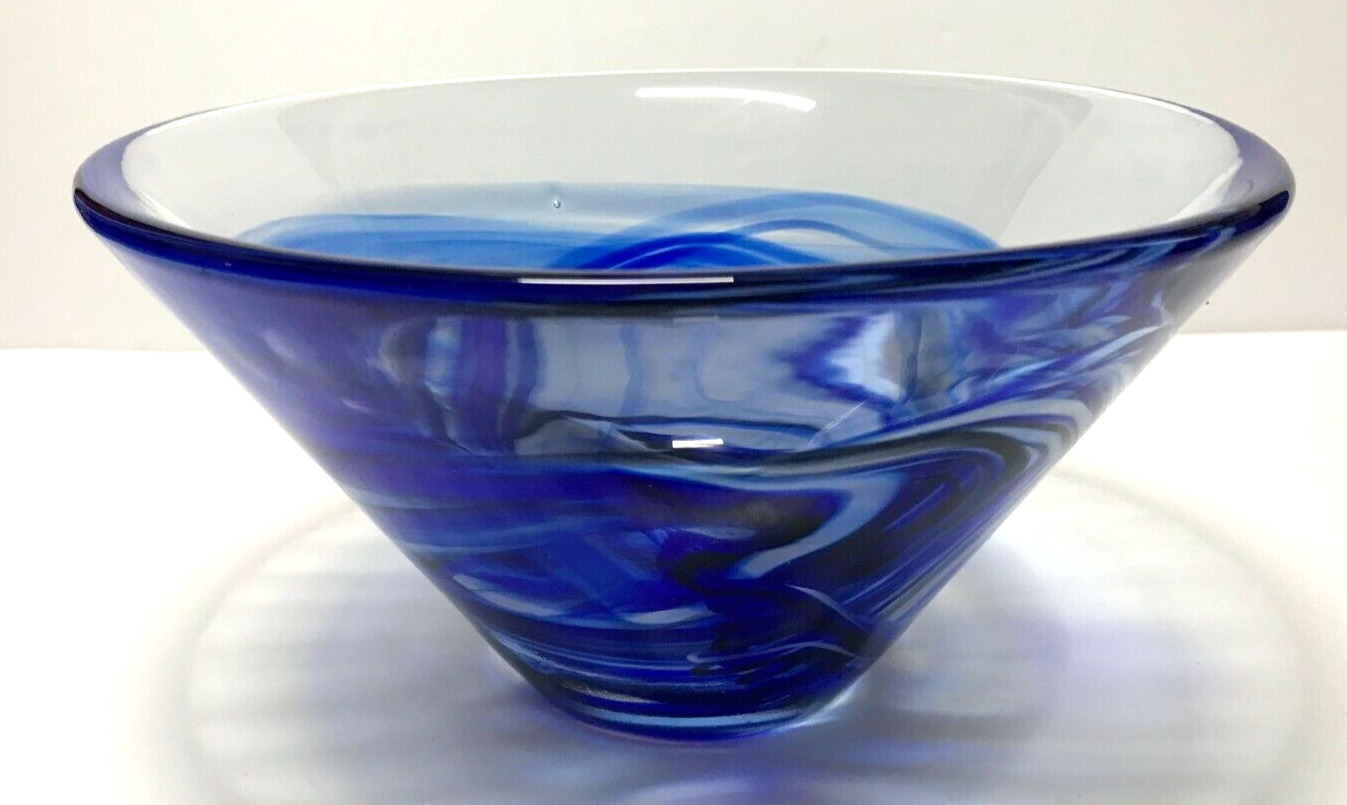 COBALT BLUE Swirl Clear Thick Glass Handmade 9.5 inch Decorative Fruit Bowl