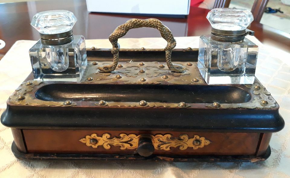 ANTIQUE VICTORIAN WOOD INK WELL DESK WITH BRASS, 2 INKWELLS AND DRAWER