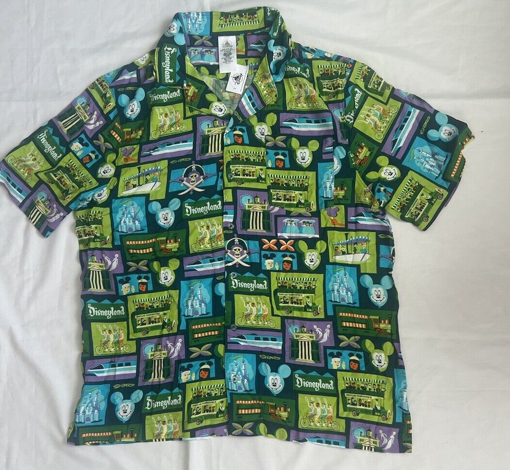 Disney Parks Green Shag Disneyland Mickey Mouse Button Up Shirt Adult Large NWT
