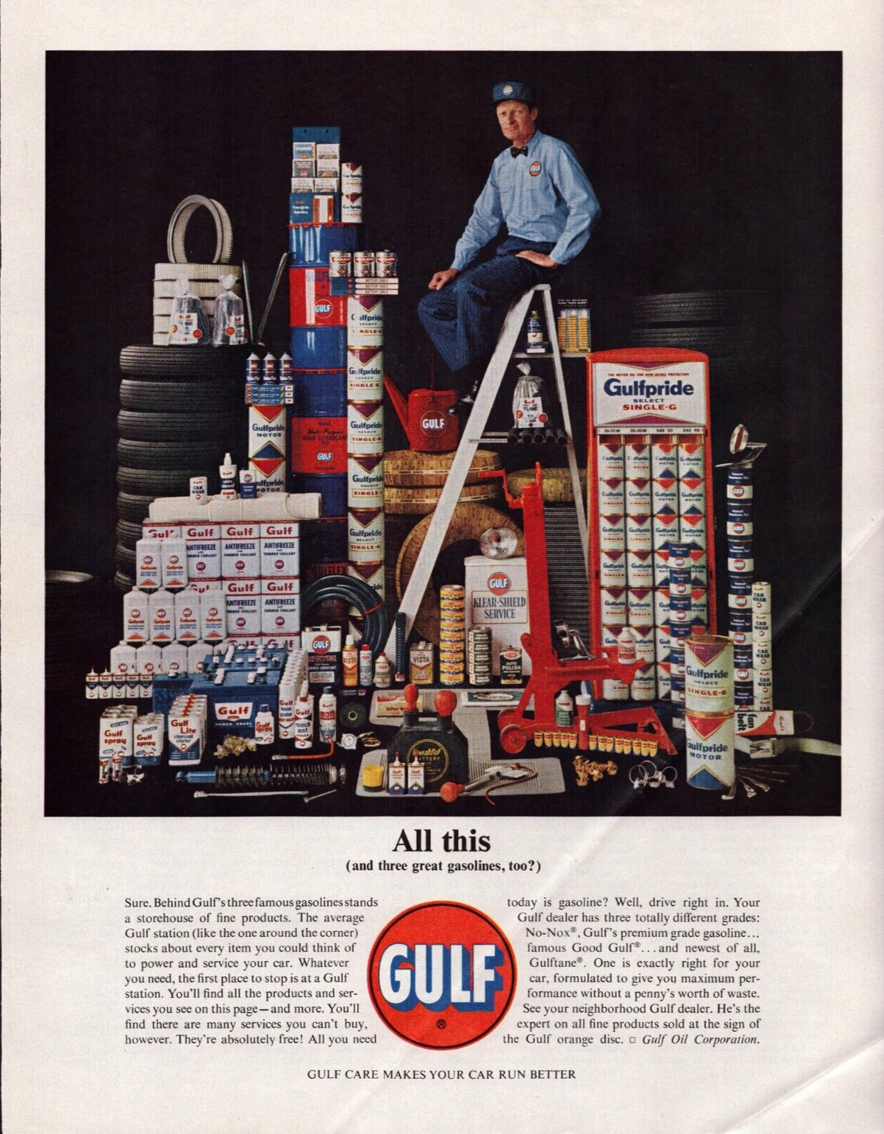 Gulf Fine Products Service Man Gasoline Oil Vintage Print Ad 1963
