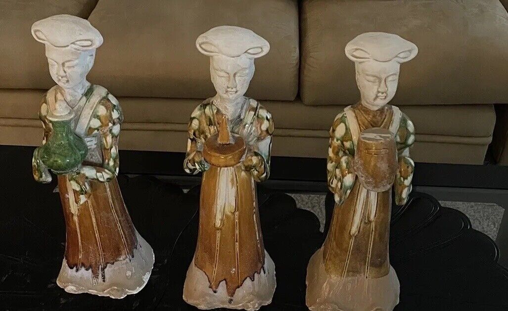 China 1910 Terracotta Women Tomb Gift Bearers Tang Style Sanci Glazed Hand Made