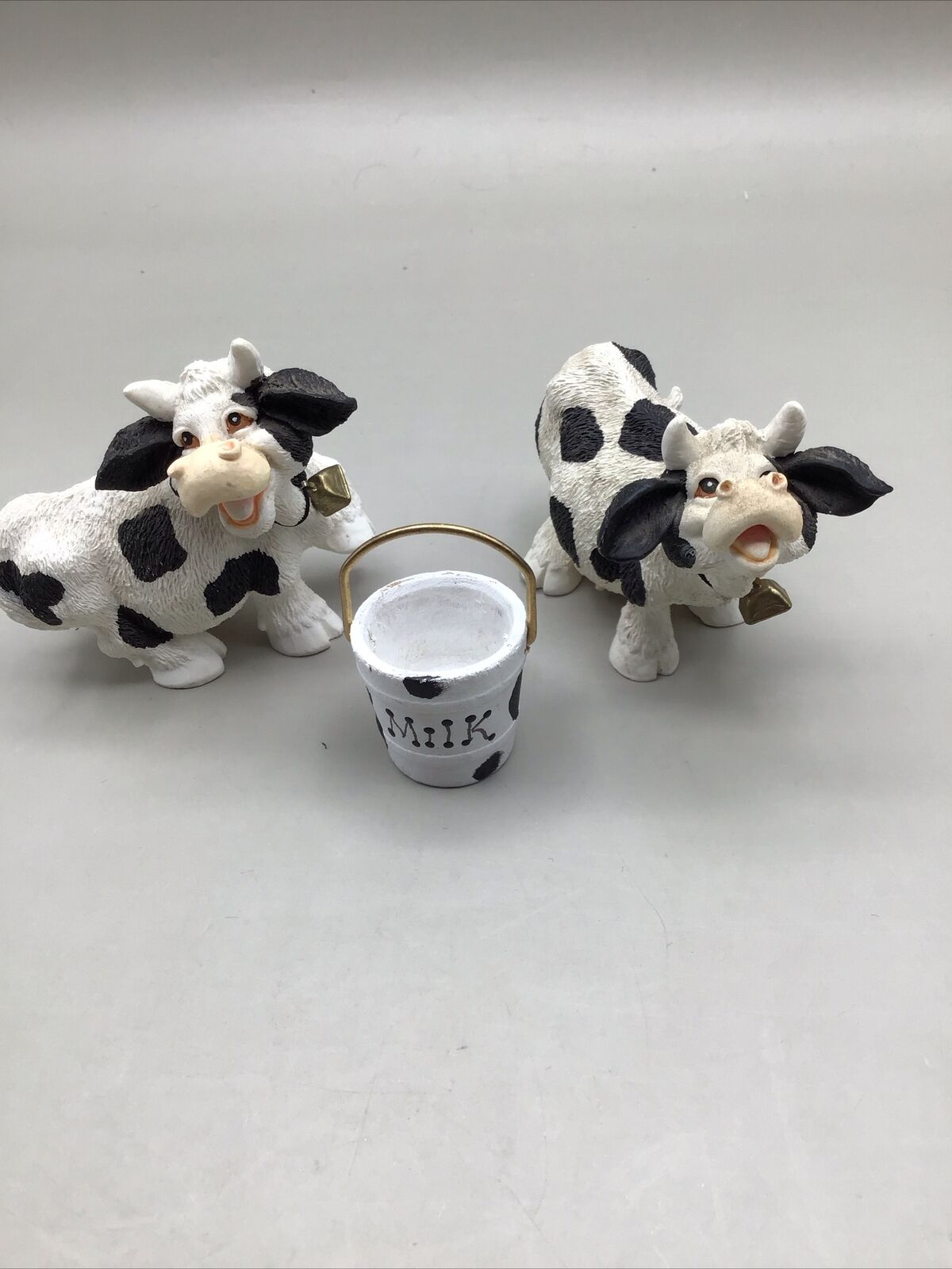 Two Cute Vintage Russ Miniature Country Cow Figurines With a Milk Pail