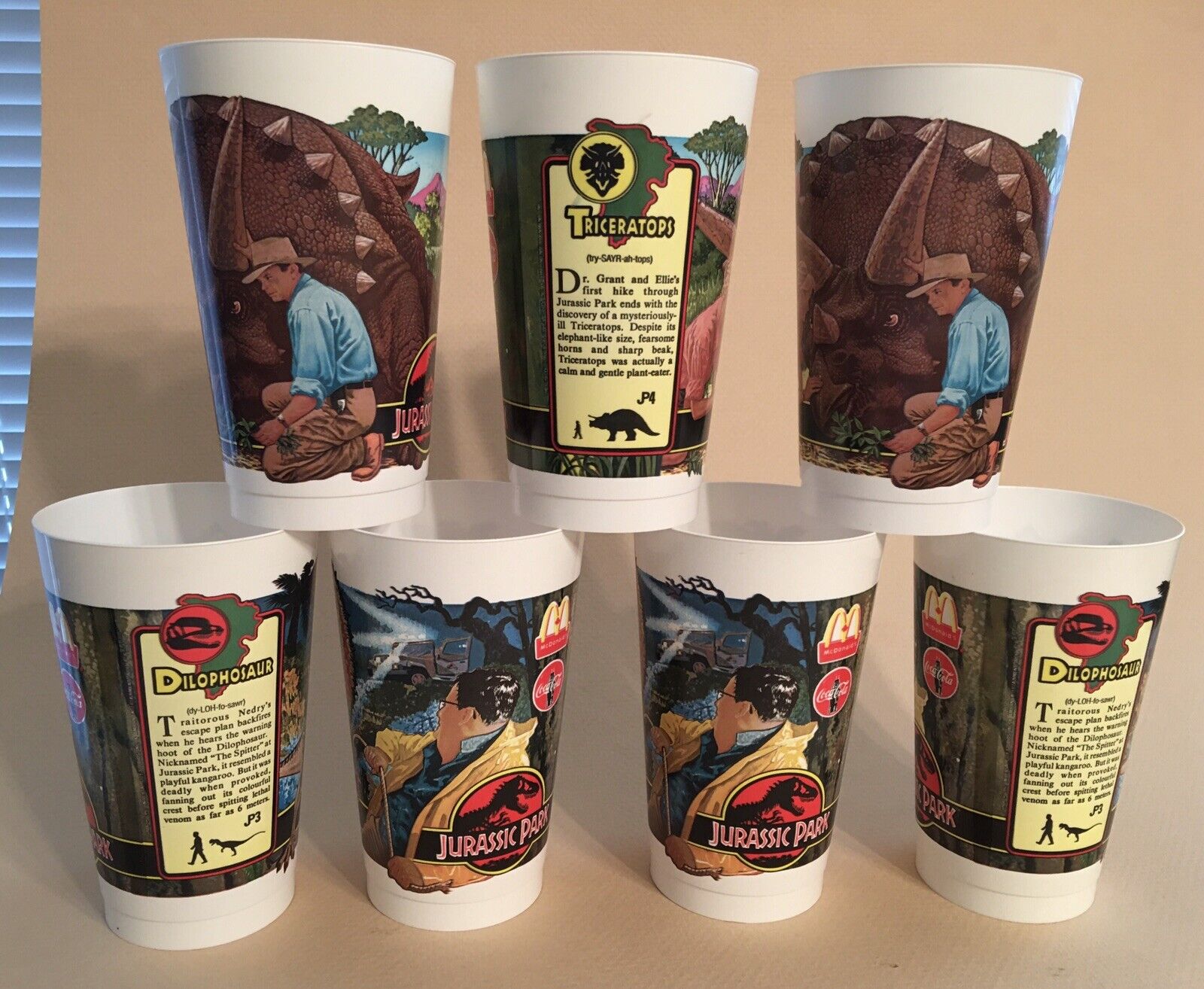 7 Jurassic Park McDonald\'s Dinosaur Collector Cups (Four JP3 and Three JP4) Mint