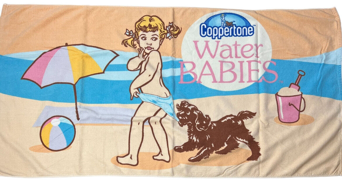 Vintage Coppertone Beach Towel “Water Babies” 28”x 55” Rare
