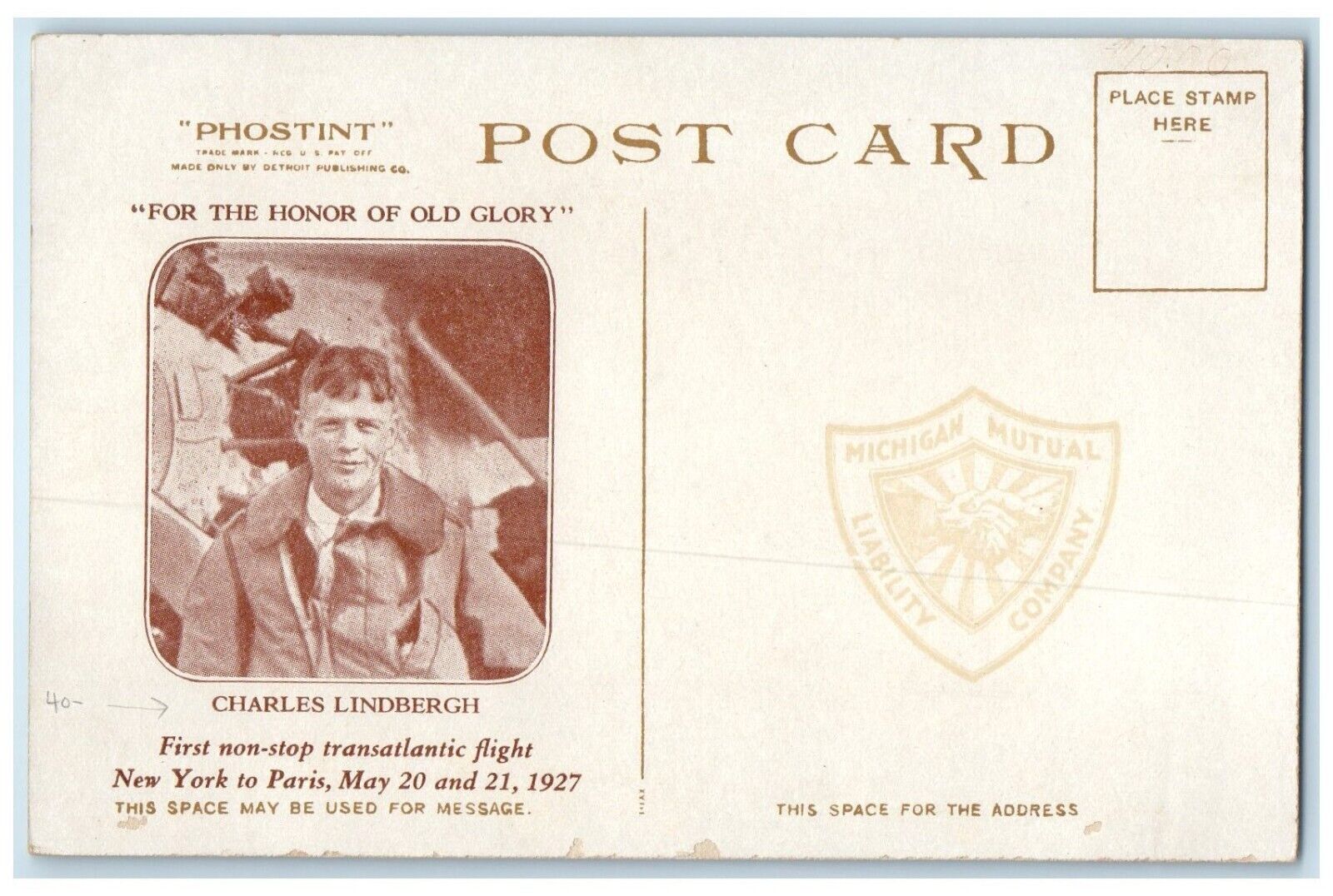 Charles Lindbergh Non Stop Transatlantic Flight Old Glory Patriotic Postcard