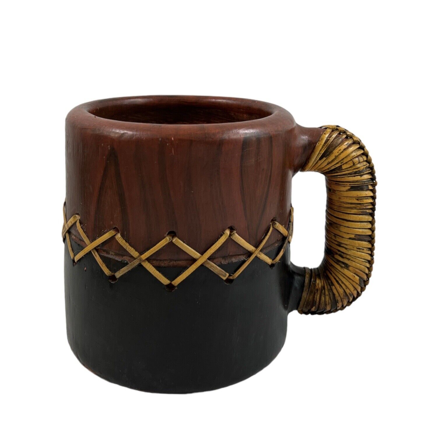Handmade Terracotta Mug Shaped Planter With Woven Rattan Accents 