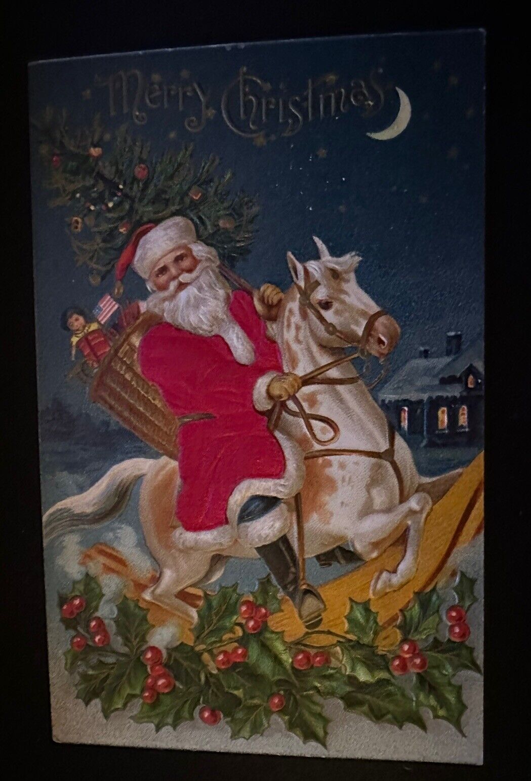 Patriotic SILK Santa Claus on Horse w. USA Flag~Antique~ Christmas Postcard~h488