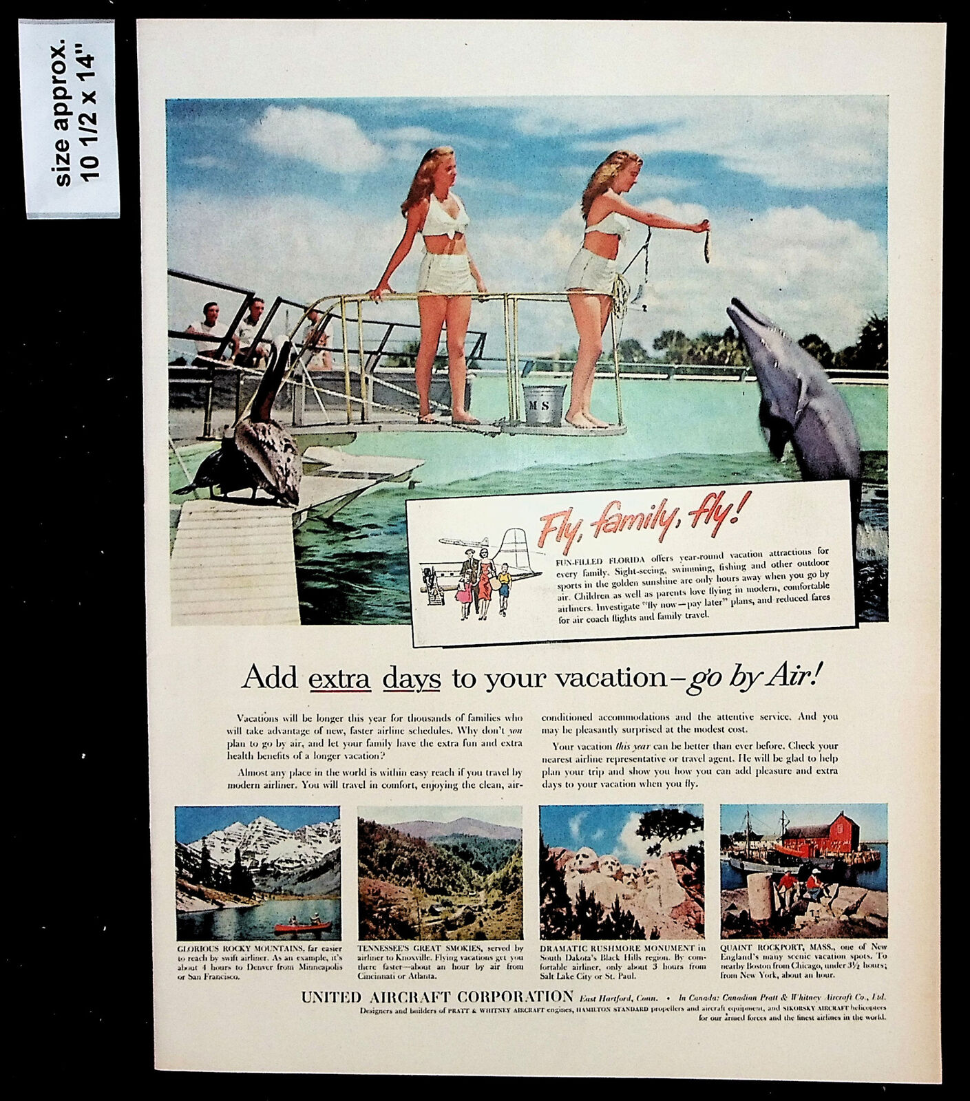 1956 United Aircraft Co. Vacation Dolphins Travel Family Vintage Print Ad 36532