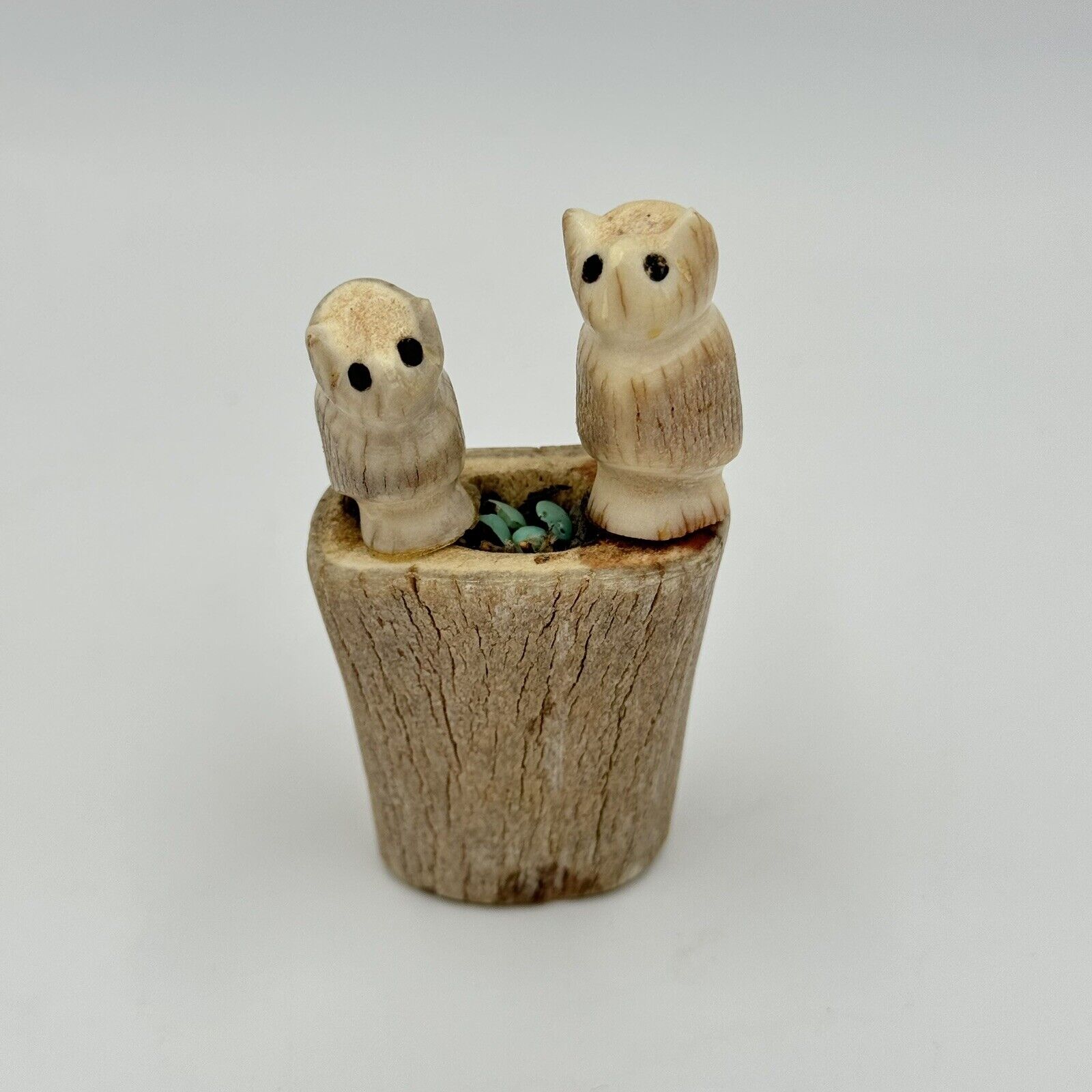 Vintage Zuni Carved Antler Owls w/ Nest & Turquoise Eggs Fetish