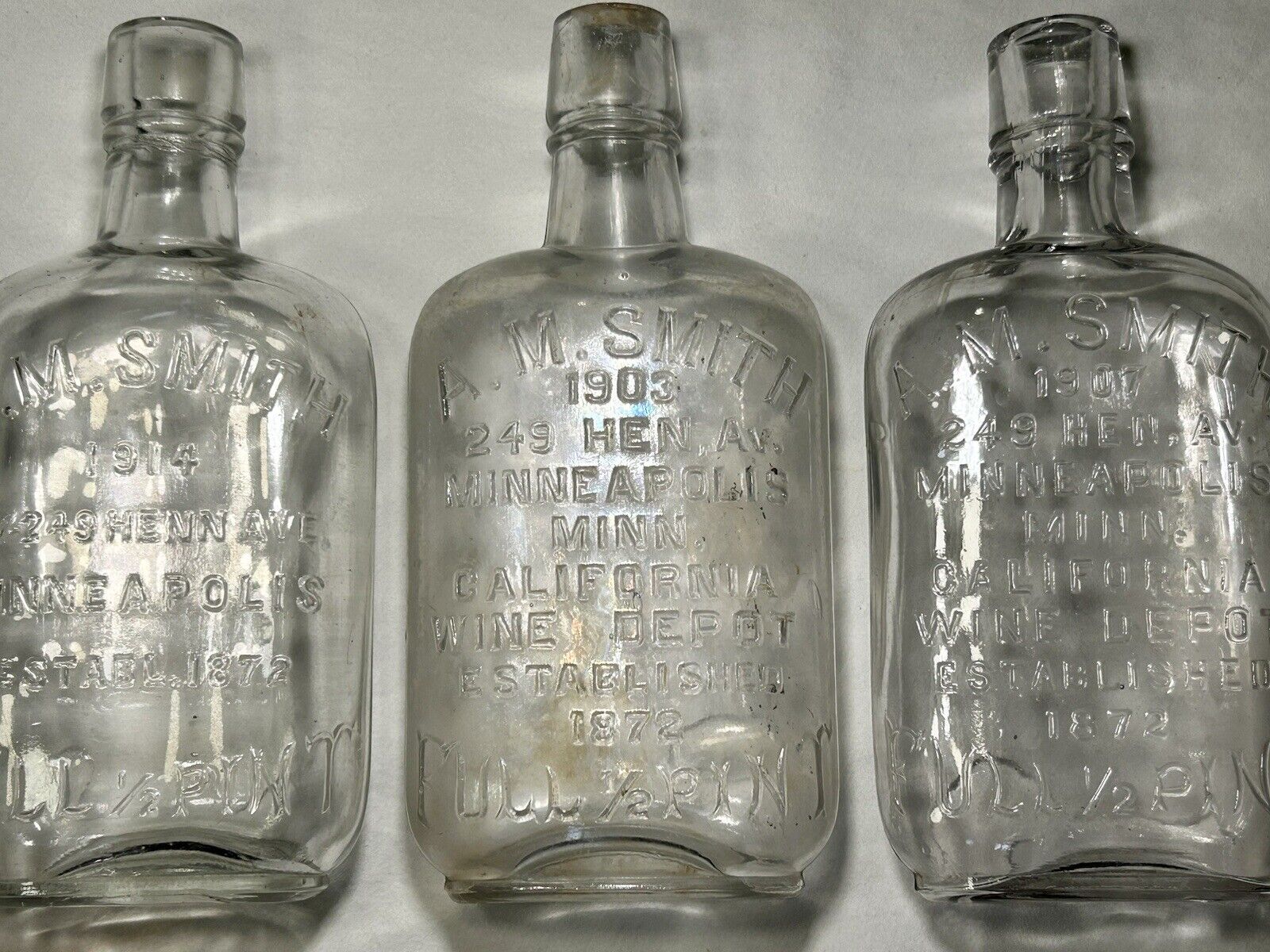 Great Lot of 3 Embossed Whisky Flasks Dated Saloon California Wine Depot Bottles