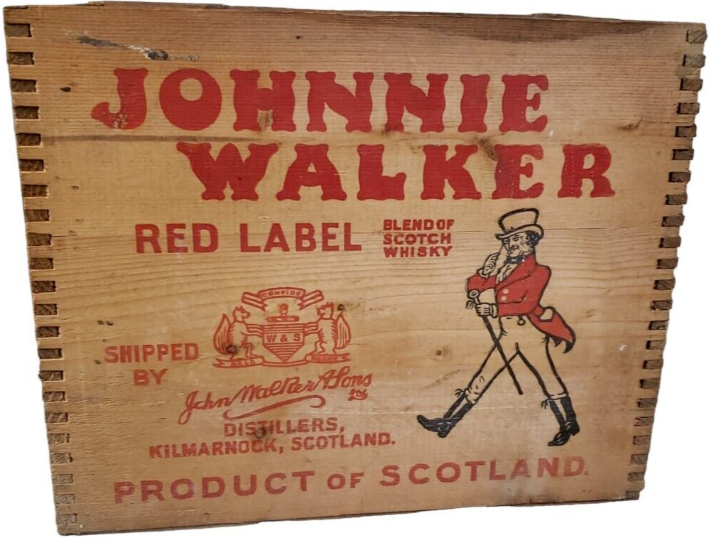 Johnnie Walker Box Whiskey Red Label Whisky Wooden Crate Box Joint Box 1958 VTG