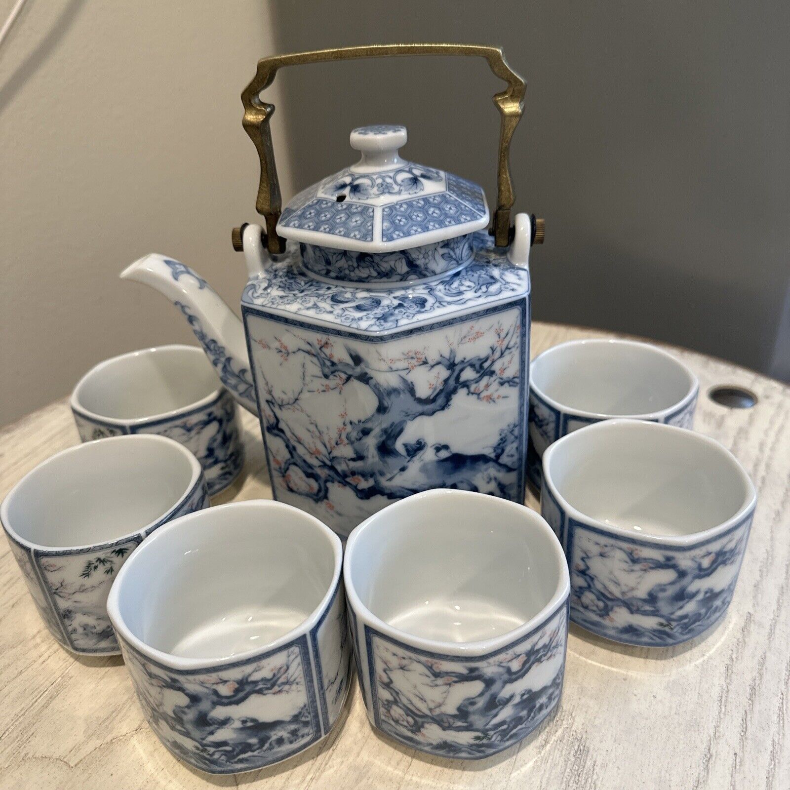 Oriental Tea Set Blue and White Tea Pot 6 Tea Cups Beverage Tea Set