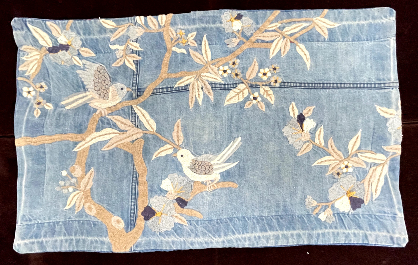 Pottery Barn Denim Pillow Cover with Embroidered Birds & Branches YY636