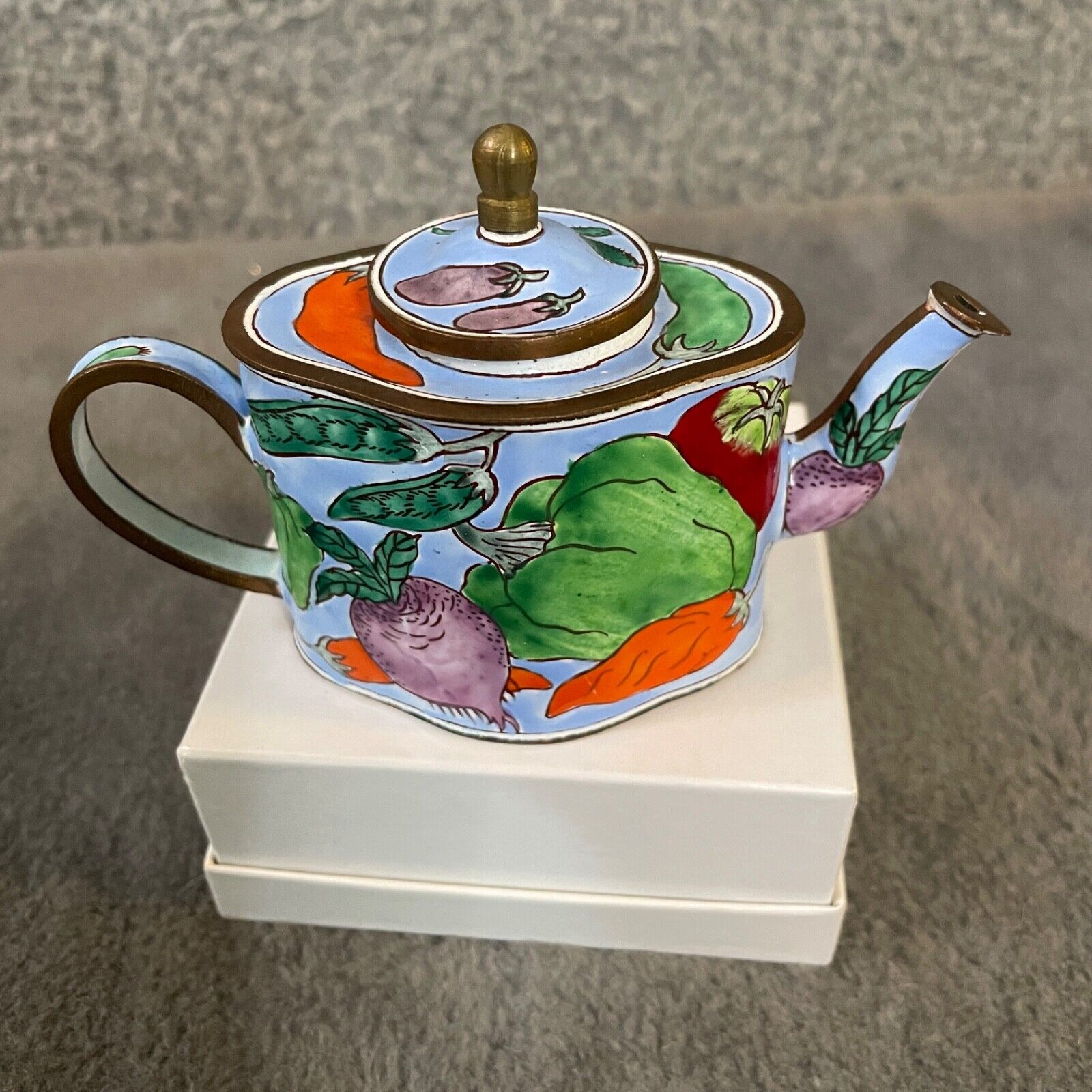 Kelvin Chen Enamel Copper Hand Painted Miniature Teapot Vegetables Lid 1999 VTG