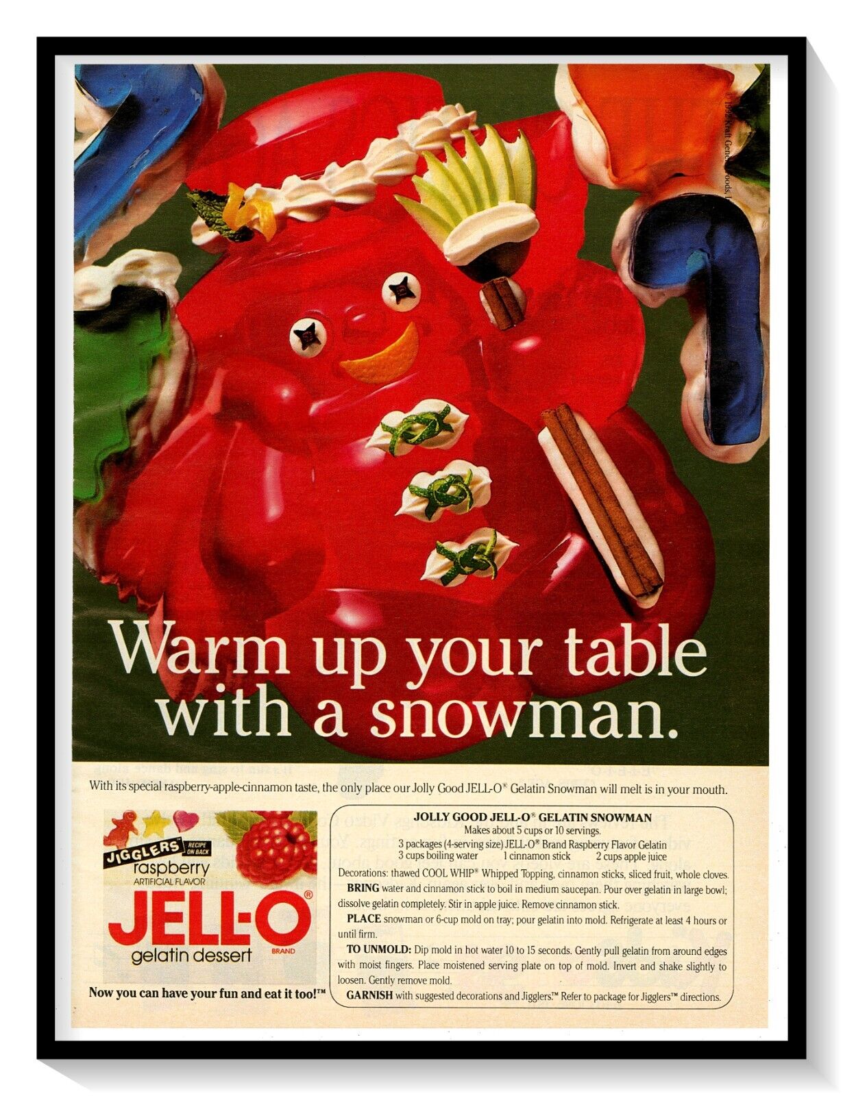 Jell-O Snowman Recipe Christmas Print Ad Vintage 1992 Magazine Advertisement Art