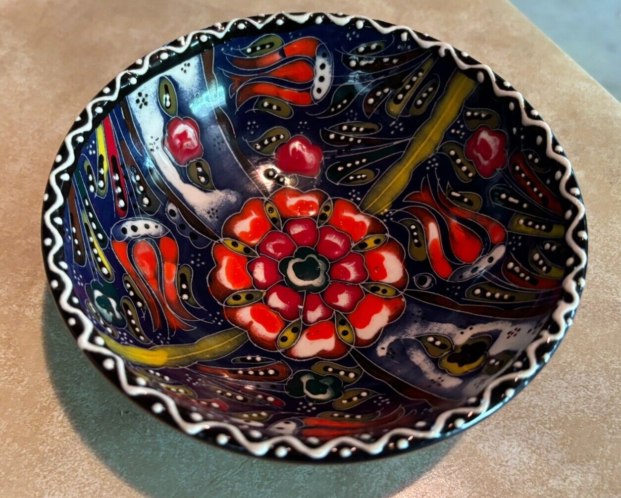 Turkish Handmade hand-painted Raised  Floral Pattern Ceramic Bowl 6” Blue