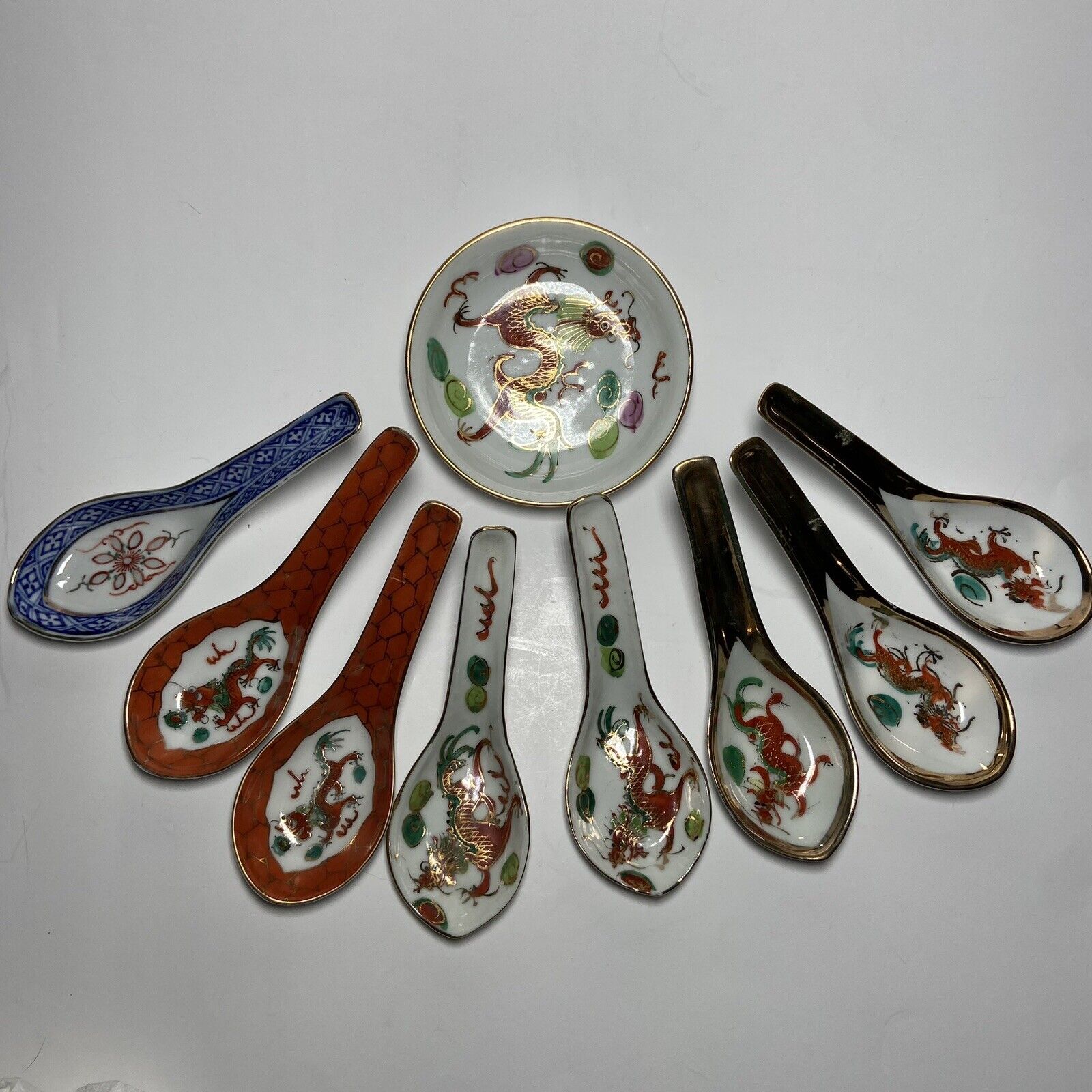  VINTAGE Chinese Asian Soup Rice Spoons and Dish Hand Painted Red Dragon Gold 8