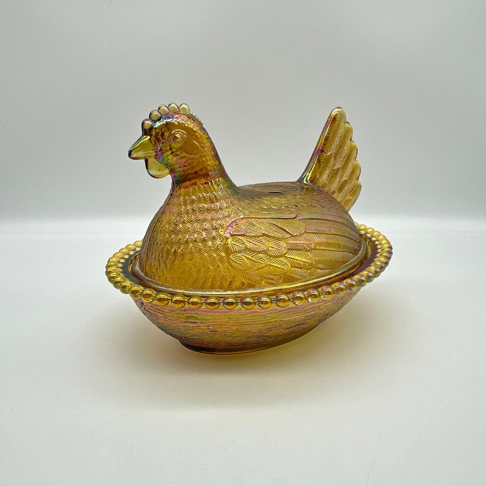 Indiana Glass Hen on a Nest, Carnival Amber Iridescent, Beaded Basket