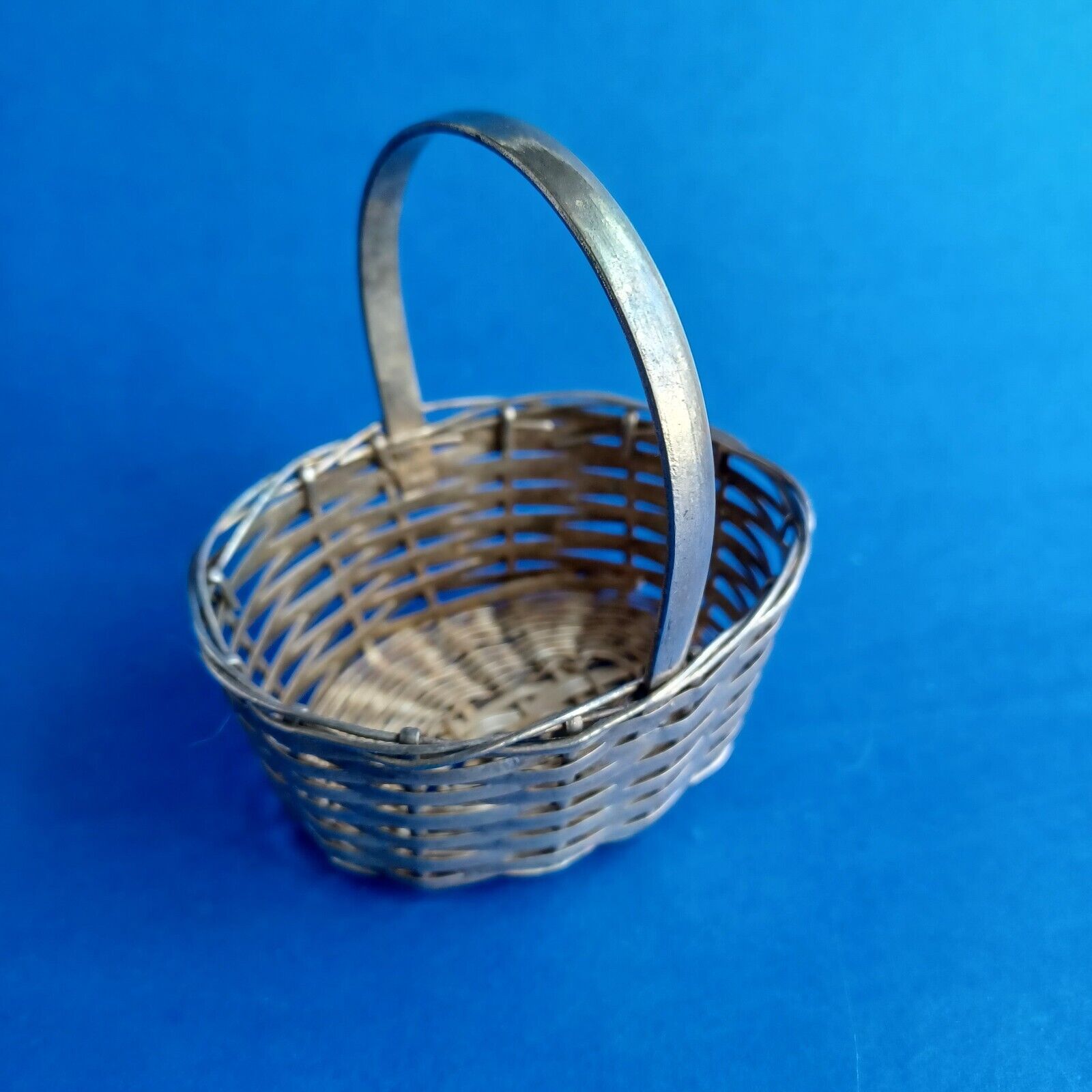 Vintage Small Silver Metal Wire Woven Basket With Handle Rustic Patina Solid