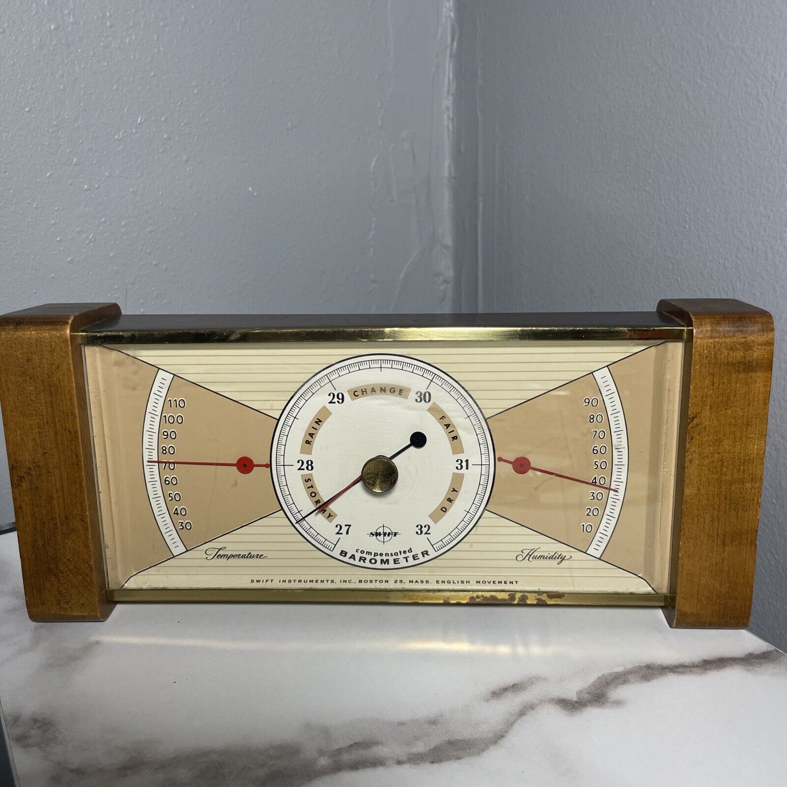 Vtg RARE MCM Brass Walnut Desk Barometer Weather Station Swift Anderson 1950s