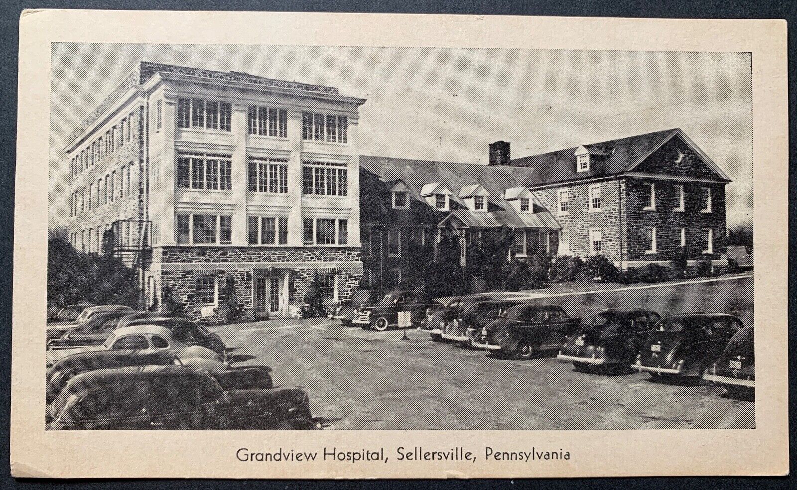 Postcard Sellersville PA - c1940s Grandview Hospital Old Cars