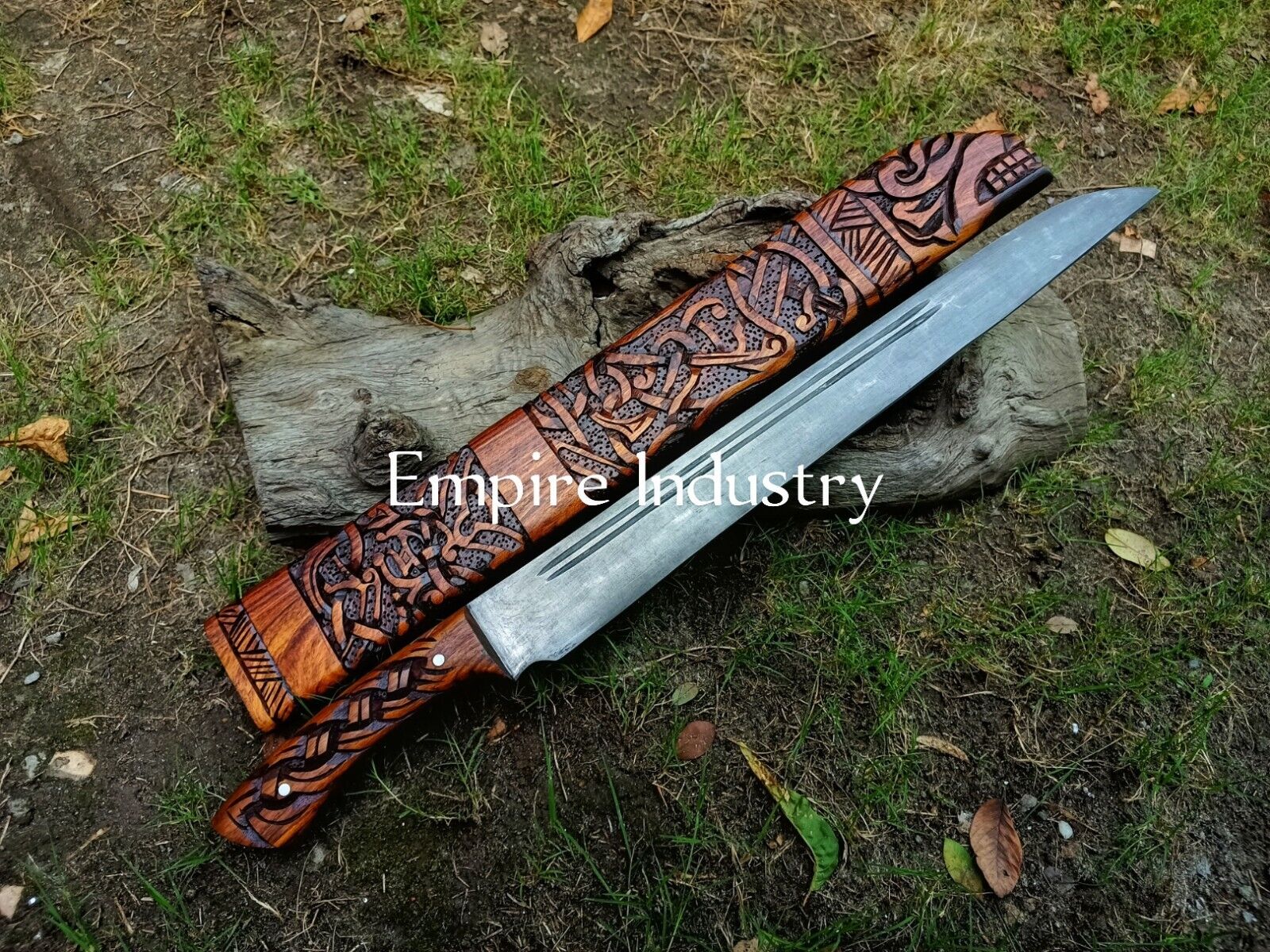 Handmade Spring Steel Full Tang Hunting Sword With Engraved Scabbard Fixed Blade