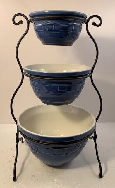Longaberger Woven Traditions Cornflower Blue Mixing Bowls & Wrought Iron Stand