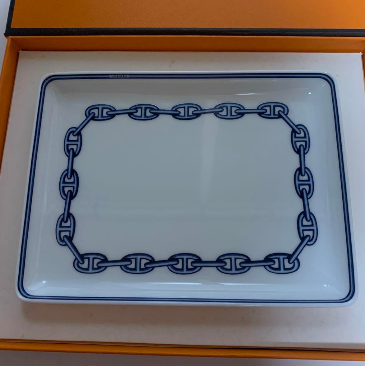 HERMES Paris Authentic Plate Chain D\'ancre Blue Ashtray Porcelain 16cm×12cm