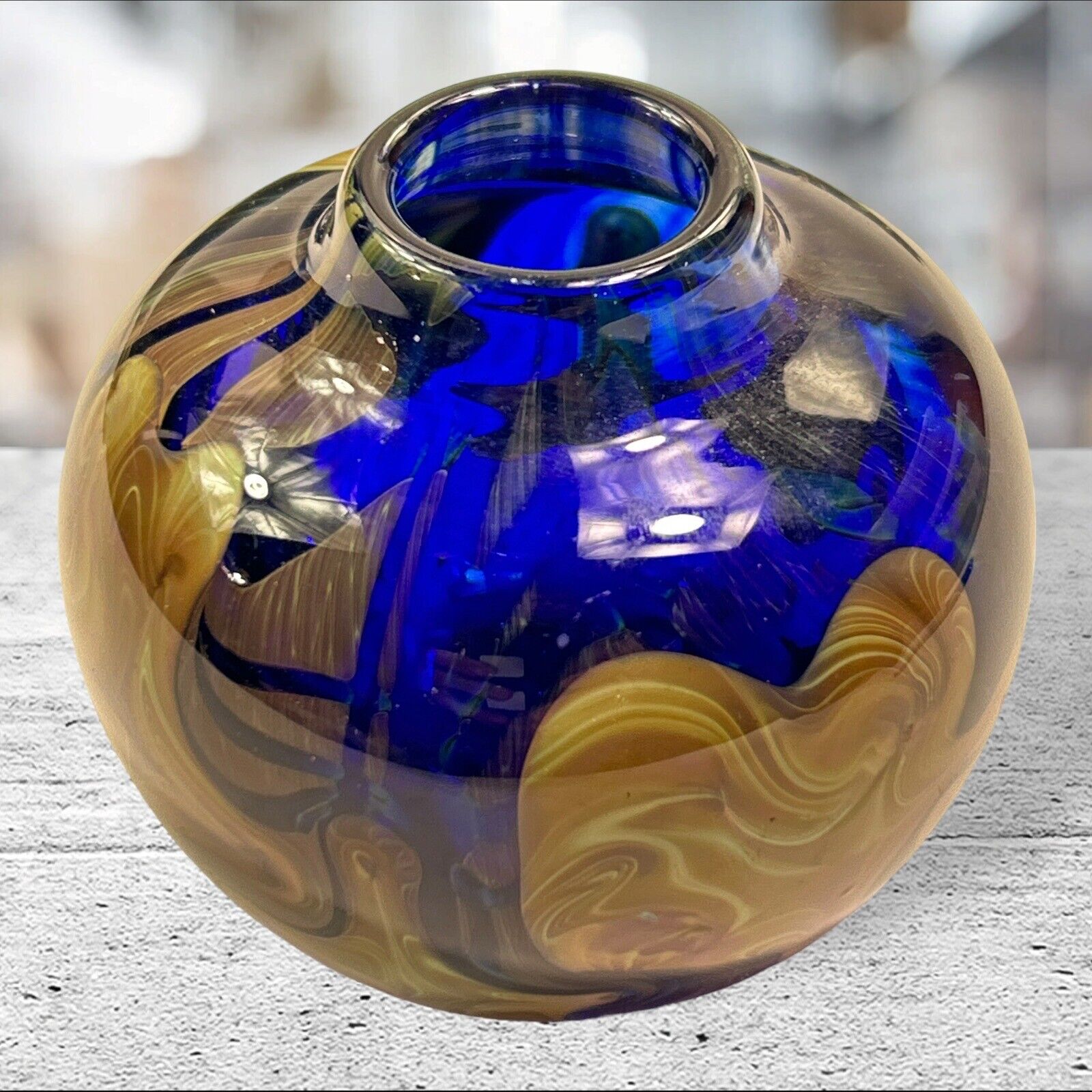 70’s Signed Vase Blue Floral Swirl brown glass