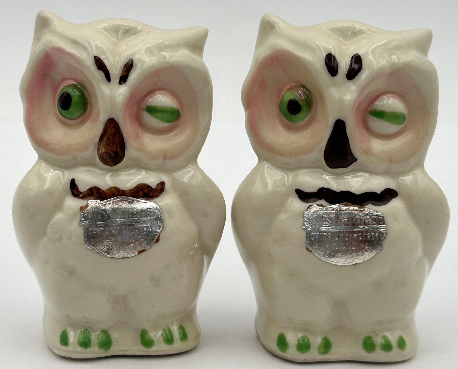 Vintage Shawnee Pottery Winking Owl Salt Pepper Shakers Green Eyes Foil Labels