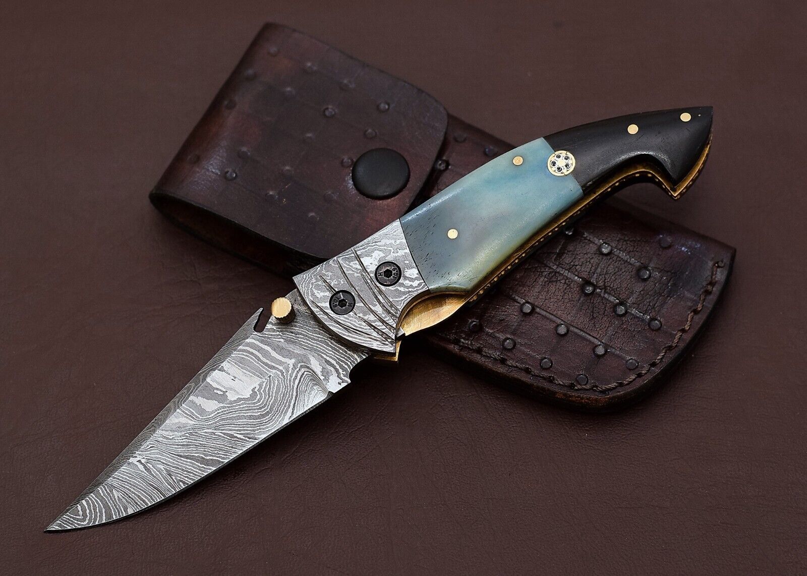 Damascus Steel Folding Pocket Knife, Linear lock, EDC + Leather Pouch, Handmade