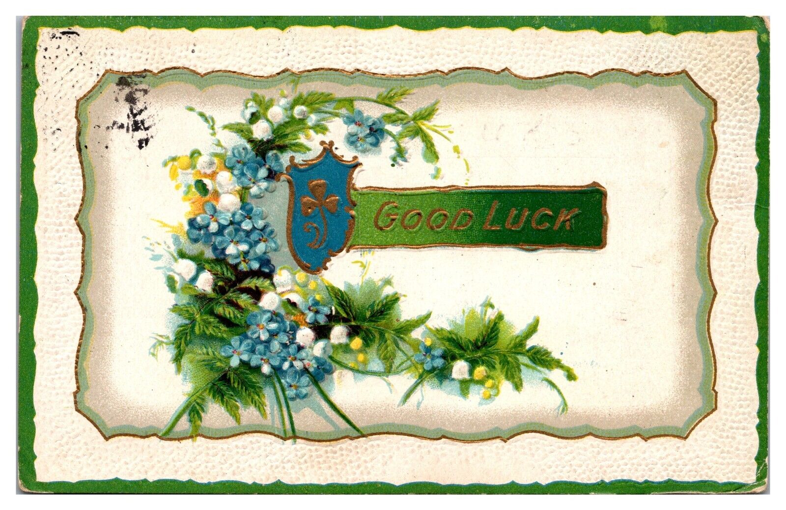 1911 Good Luck, Floral, Embossed, Greetings Postcard