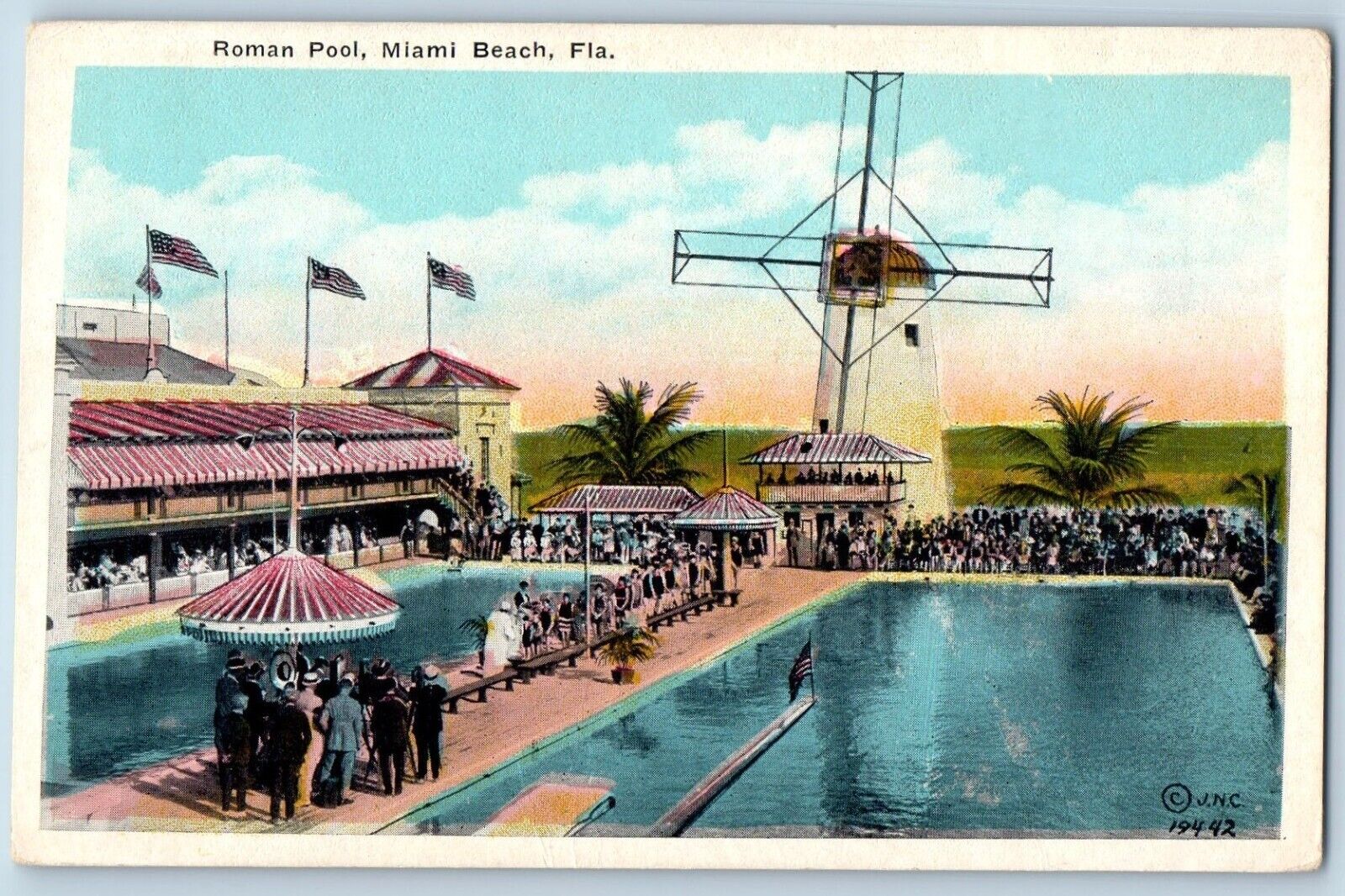 Miami Beach Florida Postcard Roman Pool Exterior Building c1940 Vintage Antique