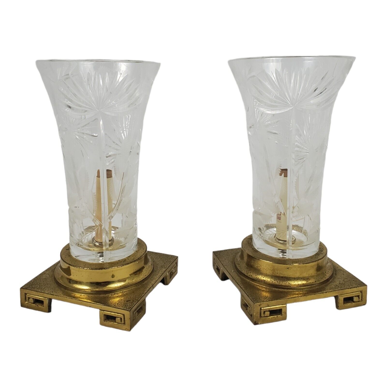 Vintage Brass Dresden Table Lamp Pair Cut Crystal Greek Key Signed Chinoiserie