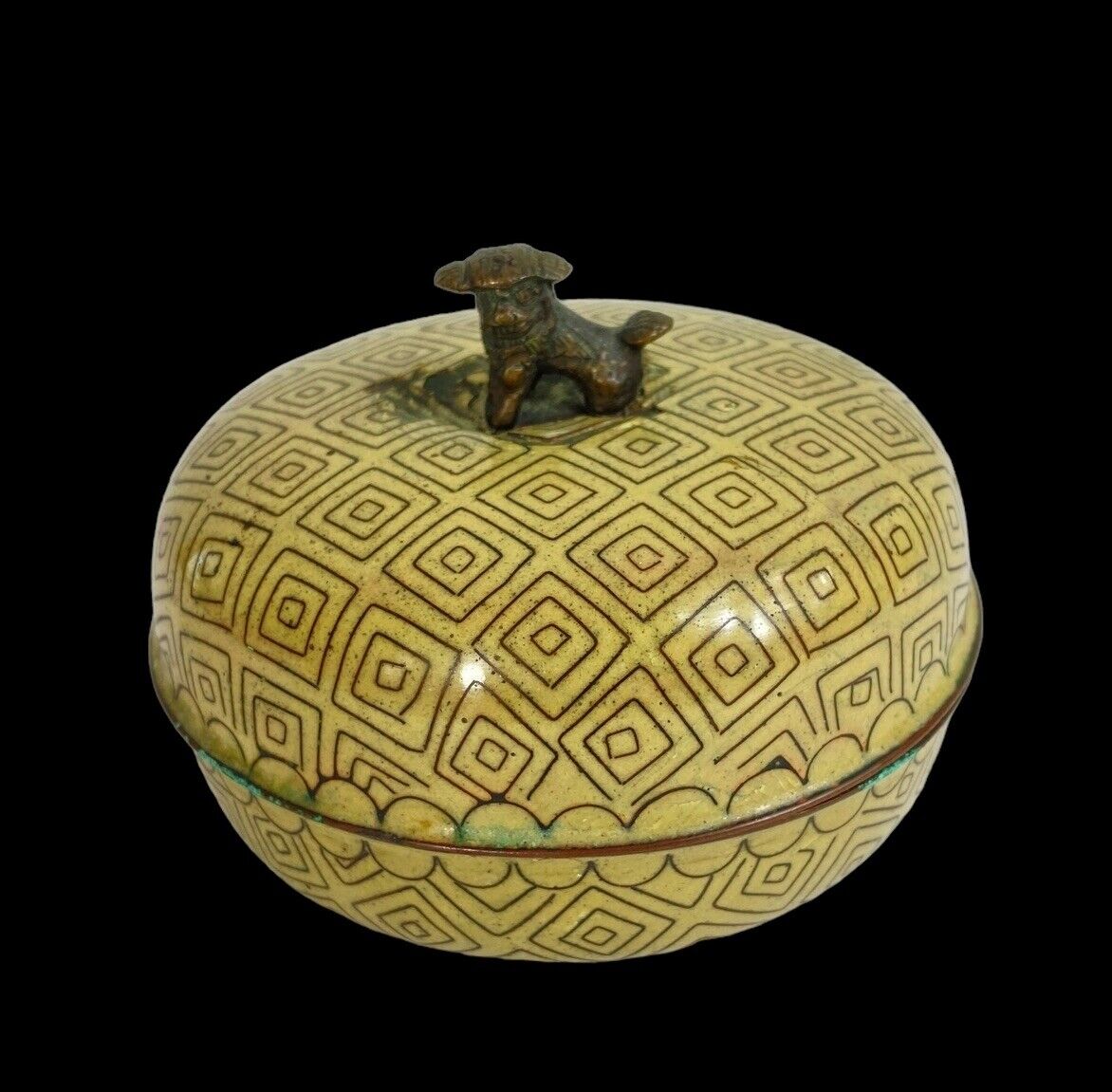 Antique Chinese Cloisonné Lidded Box Dish Yellow Foo Dog Finial Late Qing 3.25”