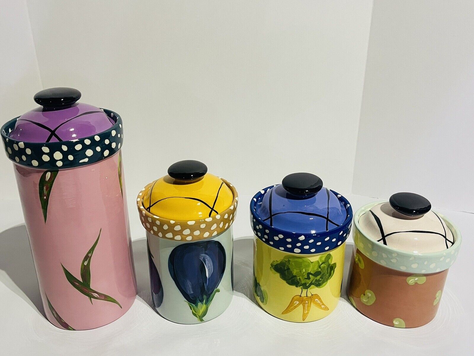 Droll Designs Vegetable w/Polka Dots Kitchen Storage Canisters Ceramic Set of 4